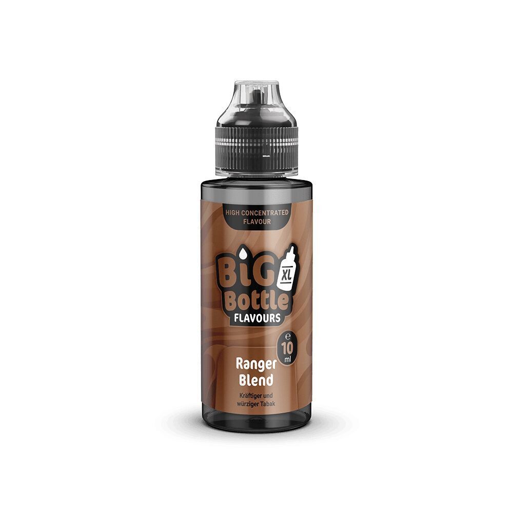 Big Bottle Flavours Aroma - Ranger Blend Flasche mit braunem Etikett, beschriftet mit "Big Bottle Flavours Ranger Blend"; darunter "Kräftiger und würziger Tabak", 10 ml Liquid.
