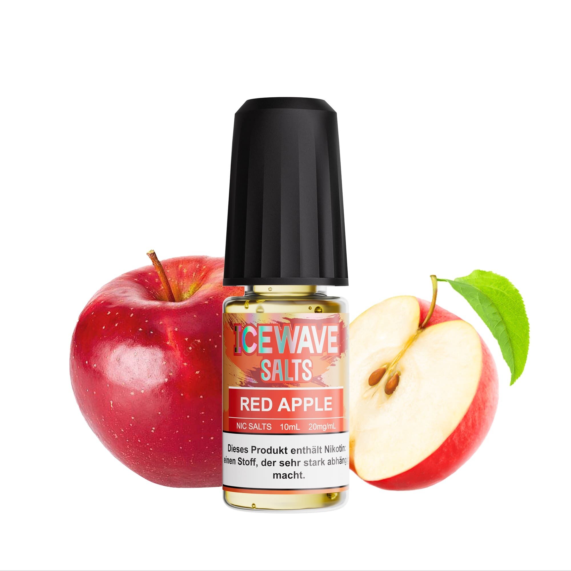 Icewave Nikotinsalz - Red Apple 20mg Flasche Icewave Salts Red Apple Nikotinsalz 20mg mit zwei roten Äpfeln, einer davon halbiert, neben der Flasche.
