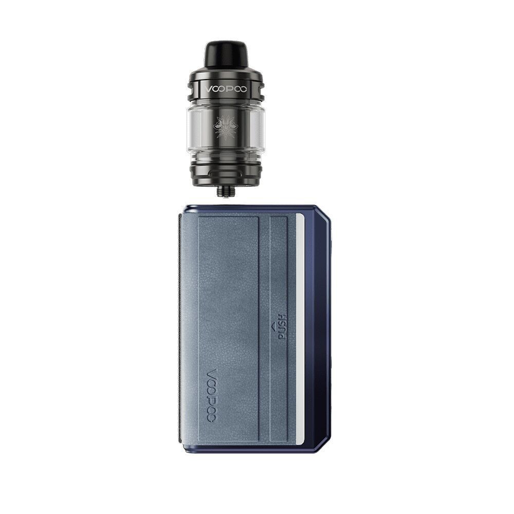 Voopoo Drag 5 Kit in Gradient Blue, bestehend aus einem rechteckigen blauen Gerät mit erhabener Beschriftung und einem transparenten Tankaufsatz.