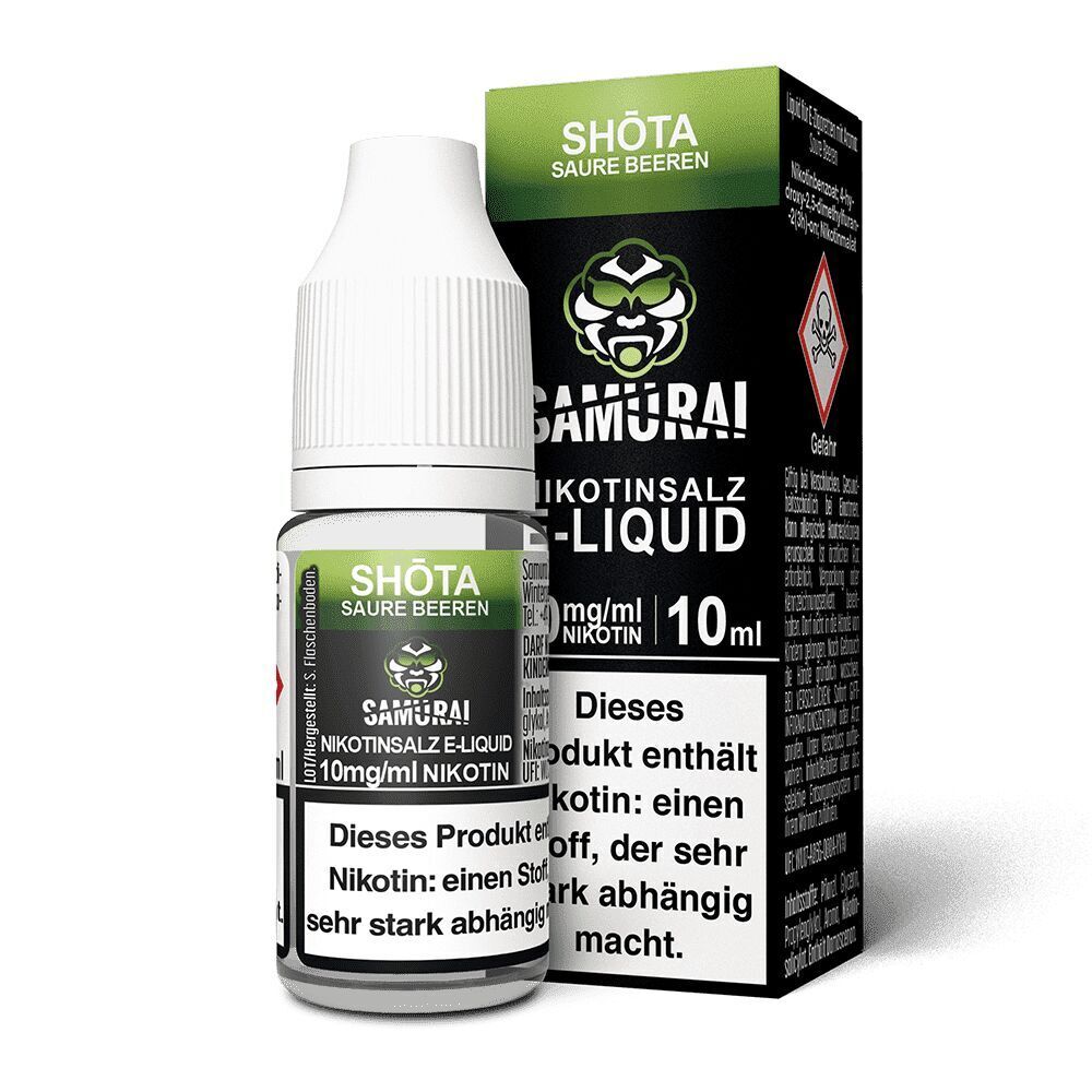 Liquid Shota Saure Beeren 10mg - Samurai Samurai Nikotinsalz E-Liquid Shota Saure Beeren 10mg/ml, weiße Flasche vor schwarzer Verpackung mit Logo und Warnhinweis.