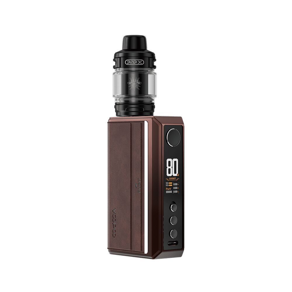 Voopoo Drag 5 Kit in Gradient Brown mit digitalem Display, drei Knöpfen und schwarzem Verdampfer obenauf.