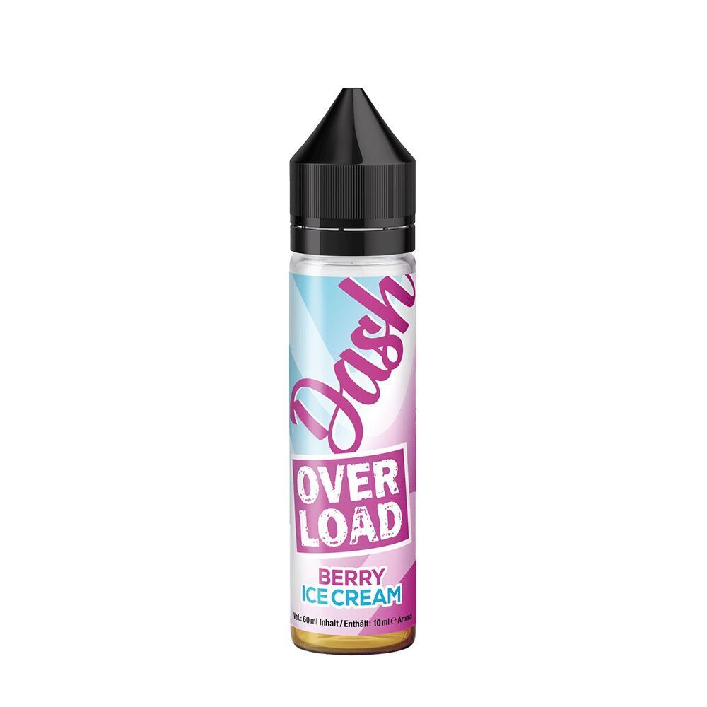 Aroma Berry Ice Cream von Dash Overload E-Liquid-Flasche mit Aufdruck "Dash Overload Berry Ice Cream", 60 ml Füllmenge, schwarz glänzender Verschluss
