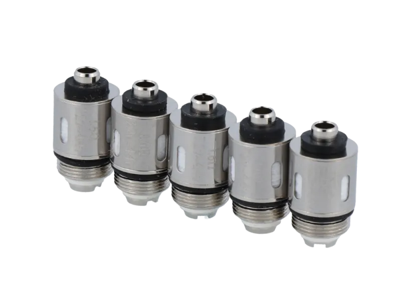 JustFog Ersatzverdampfer 1,6 Ohm S14 / G14 / C14 / Q14 / Q16 / Q16 Pro Fünf JustFog Verdampferköpfe 1,6 Ohm in einer Reihe, mit sichtbarem Metallgehäuse und schwarzen Gummidichtungen oben und unten