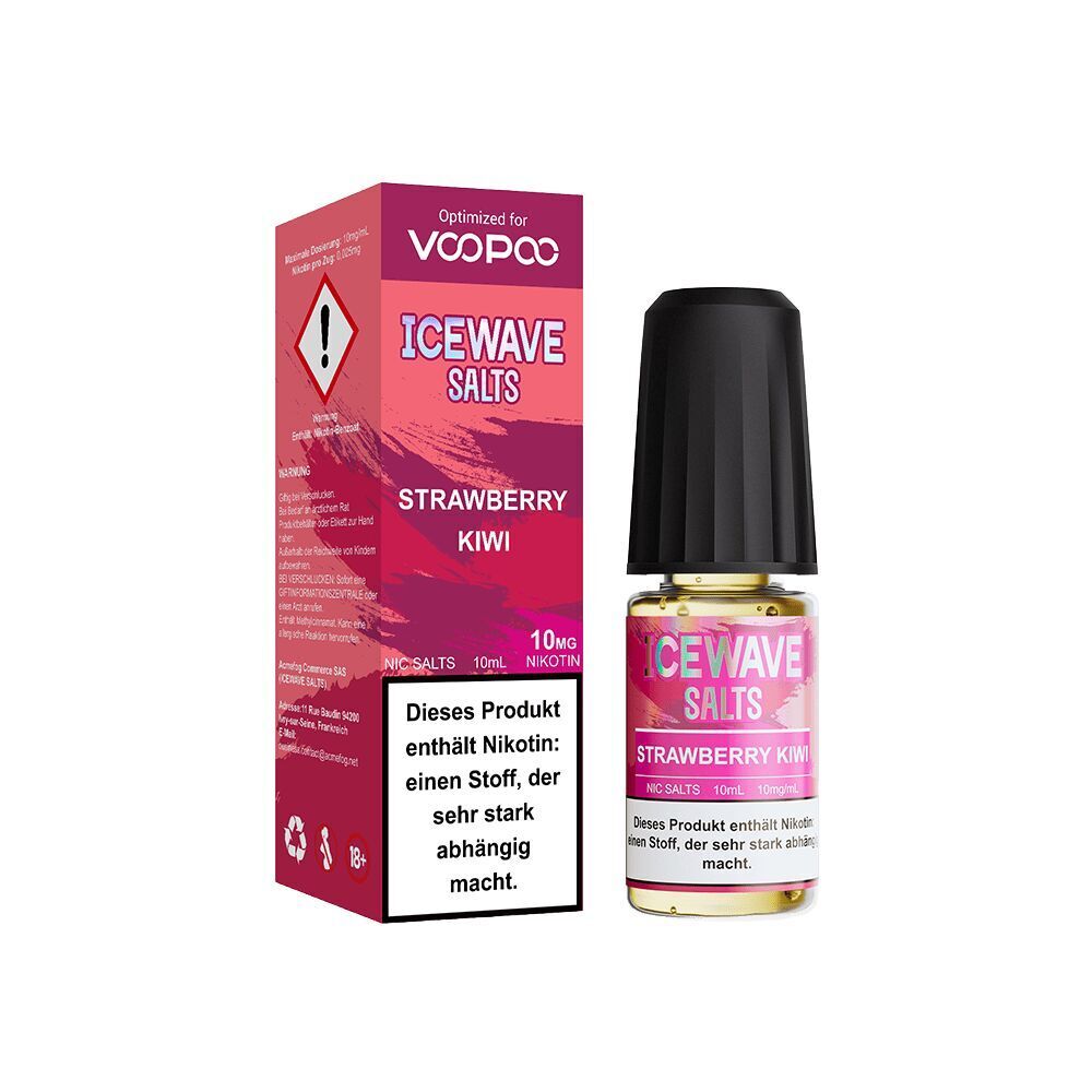 Icewave Nikotinsalz - Strawberry Kiwi 10mg Icewave Salts Flasche und Box in rosa, Geschmacksrichtung Strawberry Kiwi, Nikotingehalt 10 mg, Warnhinweis auf Nikotinsucht auf Etikett.