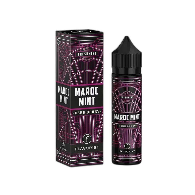 Aroma Maroc Mint Dark Berry von Flavorist E-Liquid Flavorist Maroc Mint Dark Berry, schwarze Flasche mit schwarzem Deckel neben passender Verpackung, violette und schwarze Gestaltung.