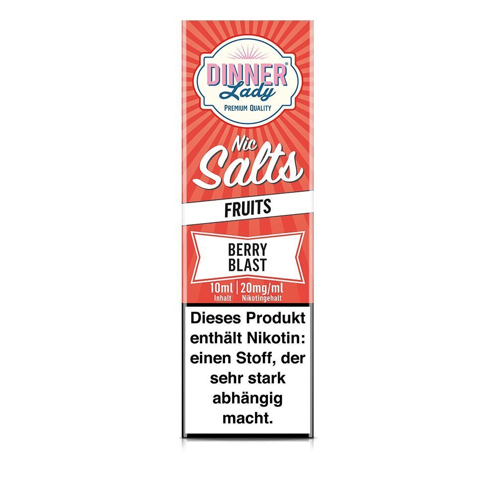Dinner Lady Nic Salts Fruits Berry Blast Flasche mit 20mg/ml Nikotingehalt, Warnhinweis auf Suchtgefahr, rote Verpackung mit Streifenmuster