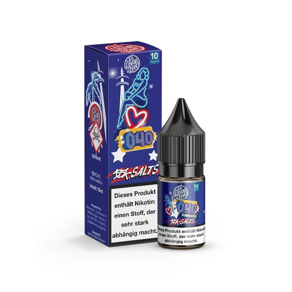 187 Strassenbande Liquid - 040 Hamburg 10mg 187 Strassenbande Liquid - 040 Hamburg 10mg Flasche und Verpackung, blaue Box mit Hamburg-Motiven und Warnhinweis auf Nikotingefahr