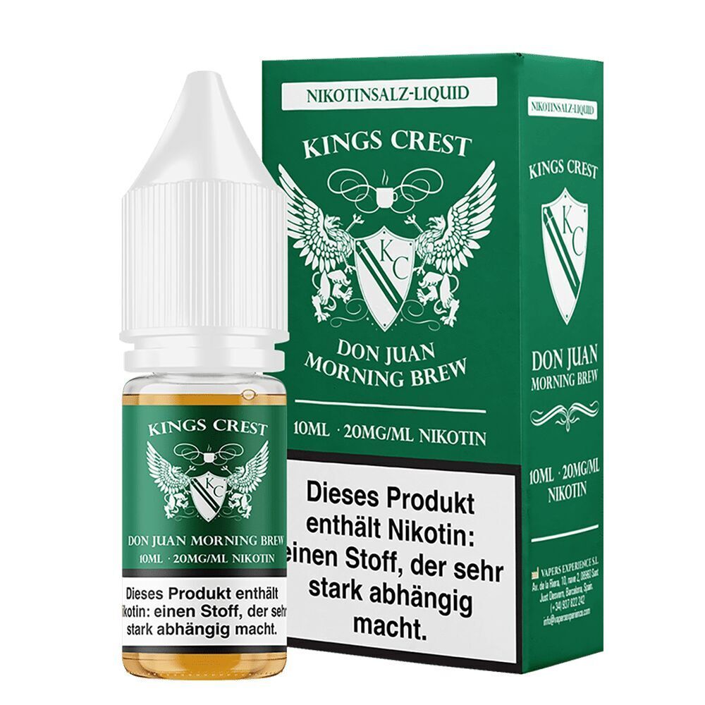 Kings Crest Nikotinsalz - Don Juan Morning Brew 20mg Kings Crest Nikotinsalz-Liquid Don Juan Morning Brew Flasche mit 10ml, 20mg Nikotin, grüner Verpackung und Warnhinweis zur Abhängigkeit