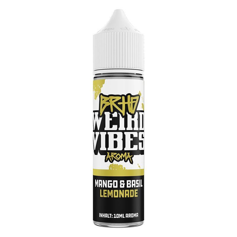 Aroma Mango & Basil Lemonade von BRHD Flasche mit BRHD Weird Vibes Aroma, Mango & Basil Lemonade, enthält 10 ml Aroma, grafisch gestaltet mit gelber und schwarzer Schrift.