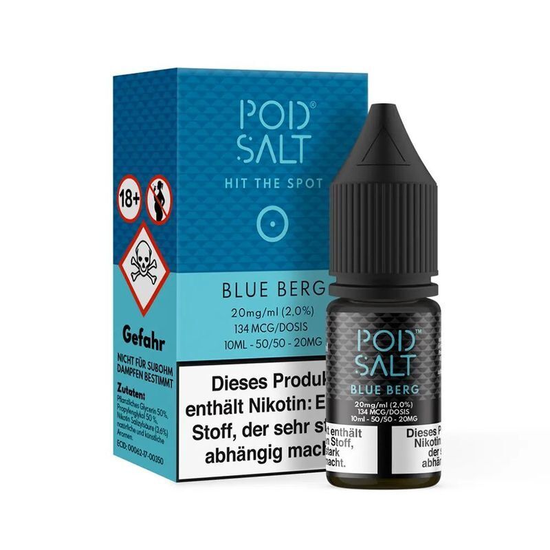 Liquid Blue Berg mit 20mg Nikotin von Pod Salt Core Pod Salt Core Nikotinsalz Blue Berg 20mg Flasche und Verpackung, Warnhinweise und Inhaltsstoffe sichtbar, 10ml Liquid mit Nikotin.