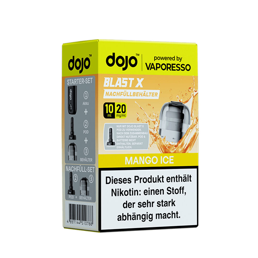 Vaporesso Dojo Blast X Pods - 20mg Nikotinsalz Verpackung von Vaporesso Dojo Blast X Pods, Mango Ice 20mg, mit Warnhinweis über Nikotingehalt, zeigt Abbildung eines Pods mit Flüssigkeitsspritzern.