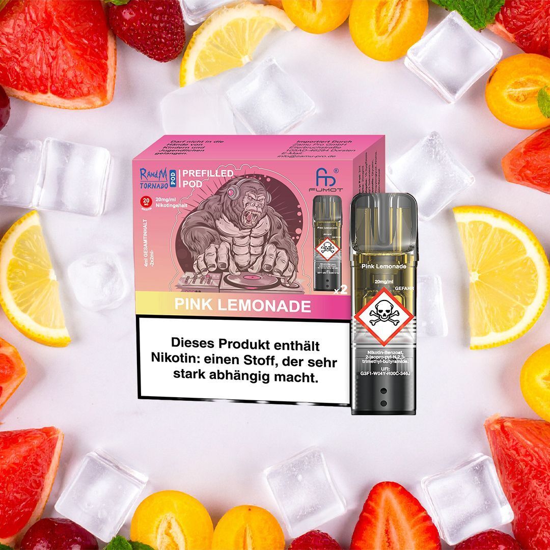 RandM Tornado Pods - Pink Lemonade RandM Tornado Pods Pink Lemonade Verpackung mit Gorillagrafik und Warnhinweis, umgeben von frischen Zitrusfrüchten und Eiswürfeln.
