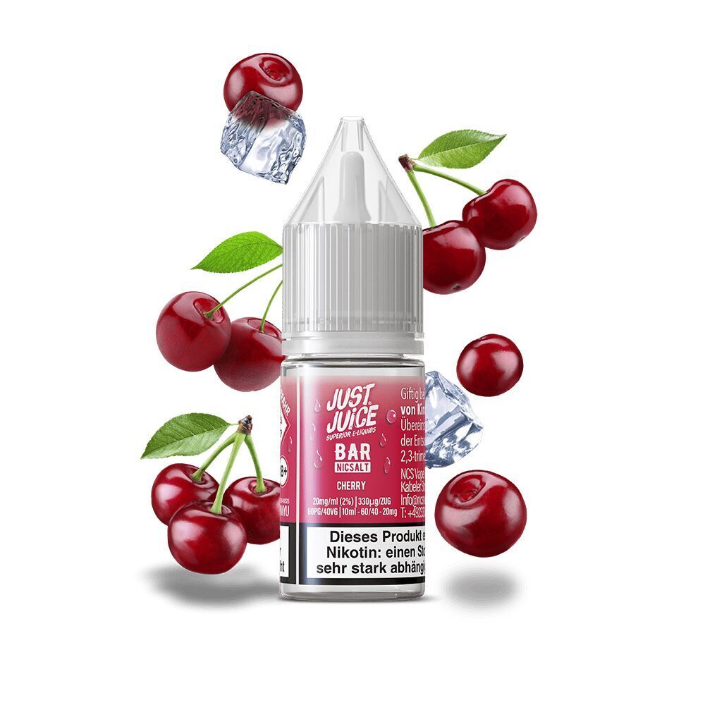 Liquid Cherry 20mg - Just Juice Just Juice Nikotinsalz Cherry 20mg Liquidflasche umgeben von Kirschfrüchten und Eiswürfeln, Etikett mit Produktinformationen sichtbar.