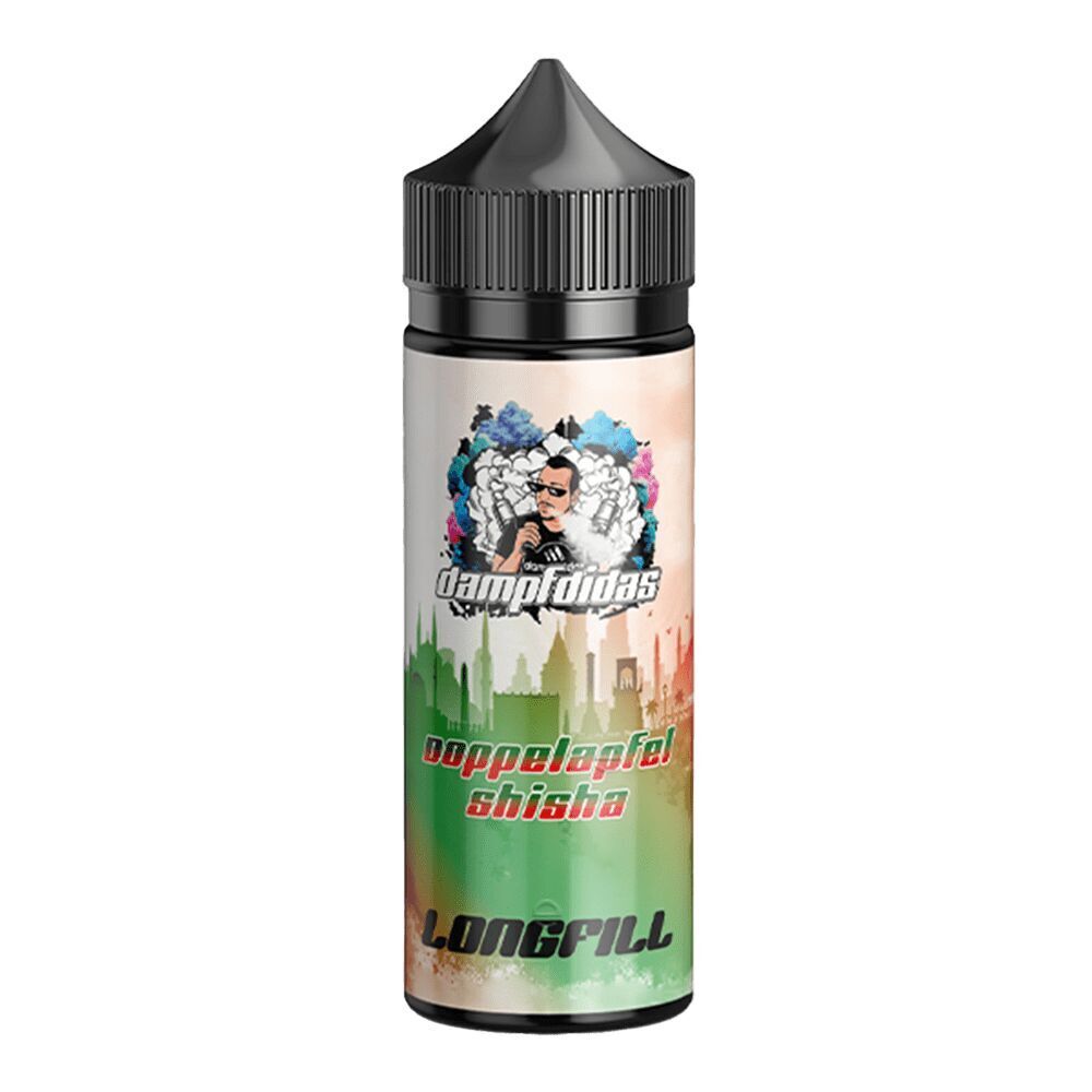 Dampfdidas Aroma Doppelapfel Shisha Longfill-Flasche mit schwarzem Deckel und bunter Skyline auf dem Etikett