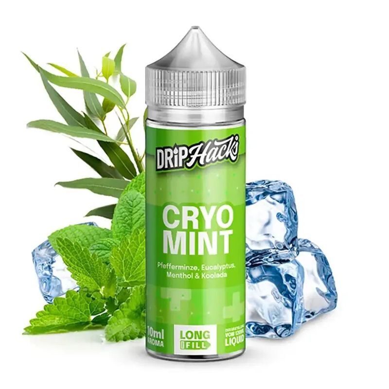 Aroma Cryo Mint von Drip Hacks Drip Hacks Aroma - Cryo Mint Flasche, grün mit Text, umgeben von Eiswürfeln, Pfefferminz- und Eukalyptusblättern.