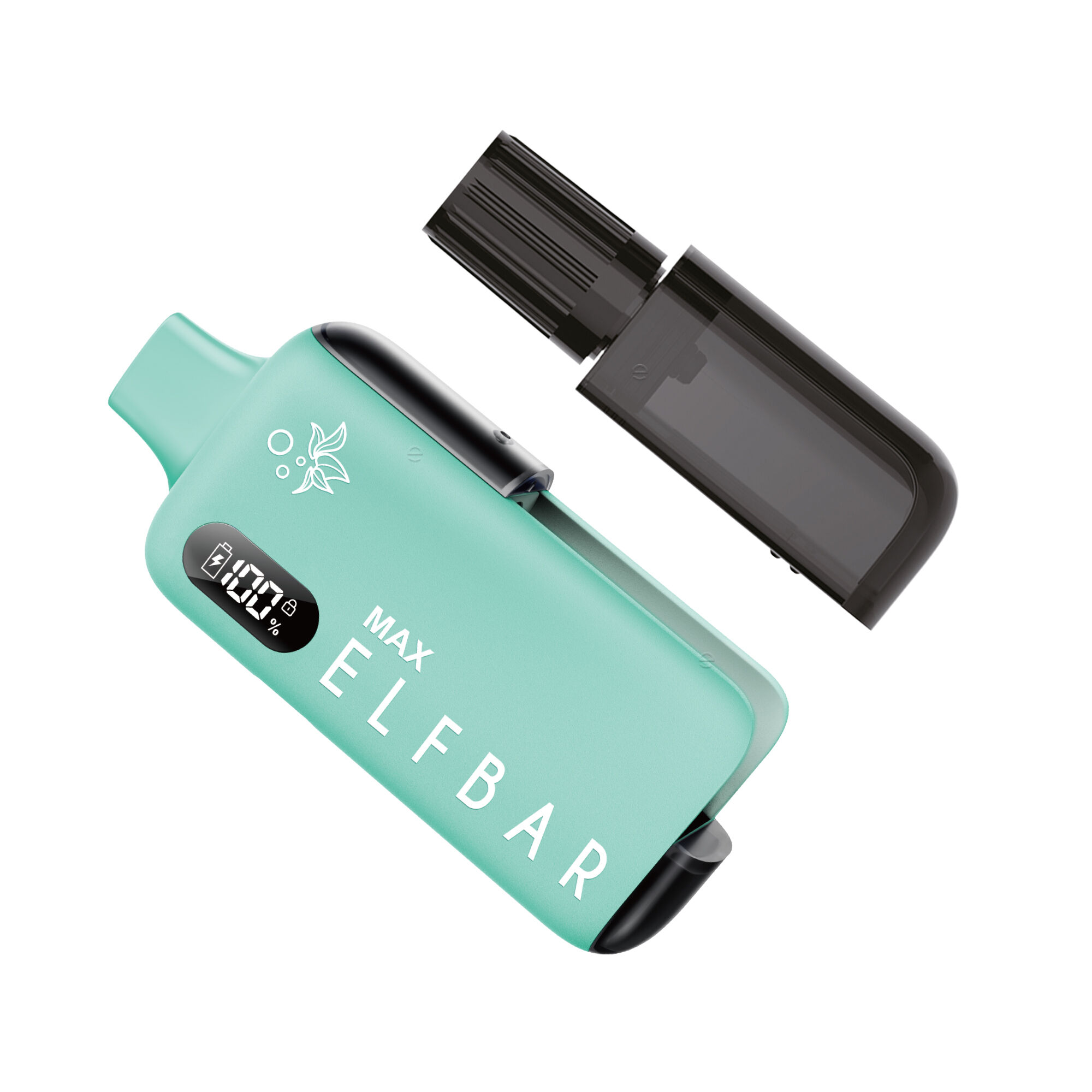 Elfbar Max Pod Kit - Green Grünes Elfbar Max Pod Kit mit sichtbarem LED-Display und abnehmbarer schwarzer Patrone, Schriftzug auf dem Gehäuse.