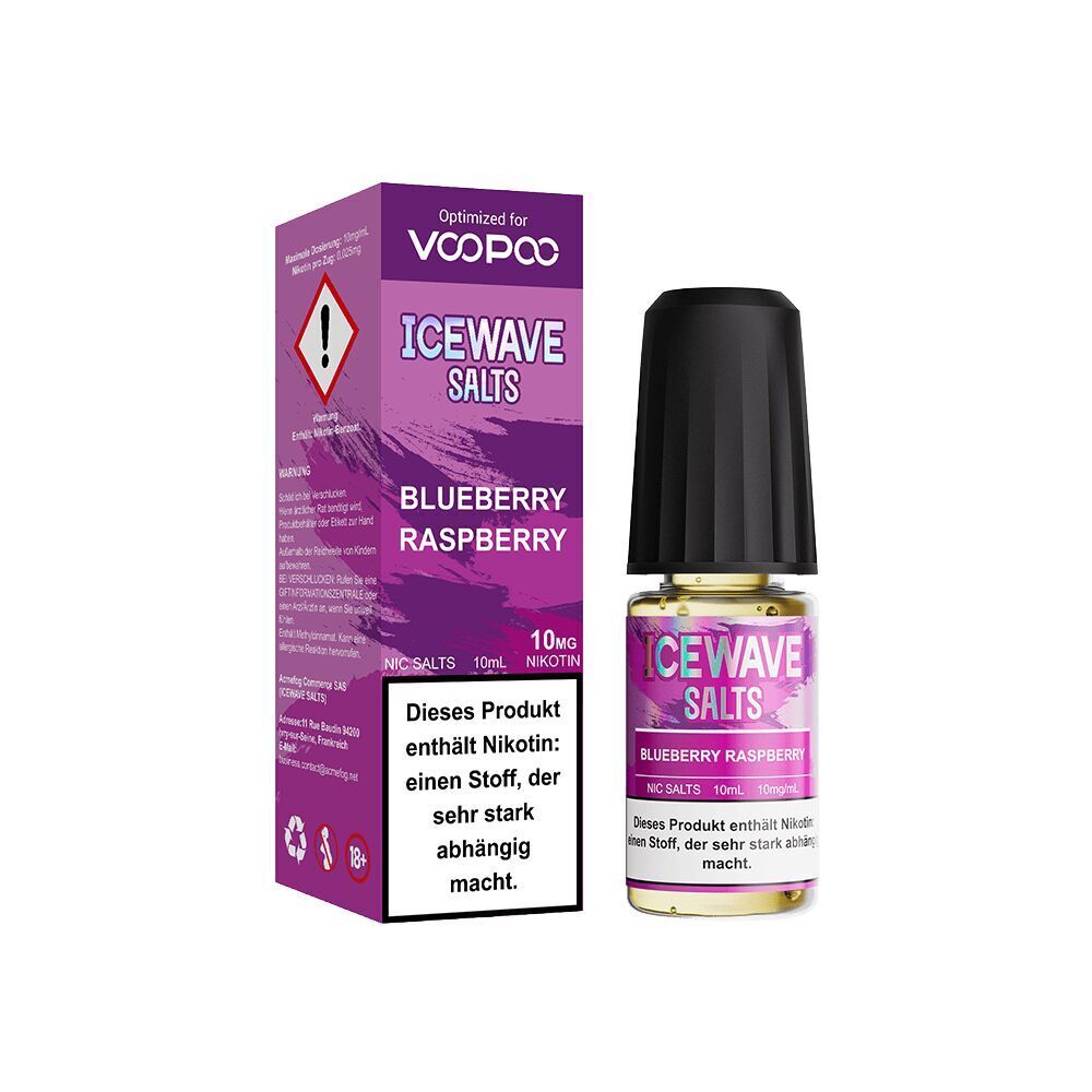 Icewave Nikotinsalz - Blueberry Raspberry 10mg Icewave Salts Blueberry Raspberry Nikotinsalz 10mg Flasche neben Verpackung mit Warnhinweis über Nikotinabhängigkeit.