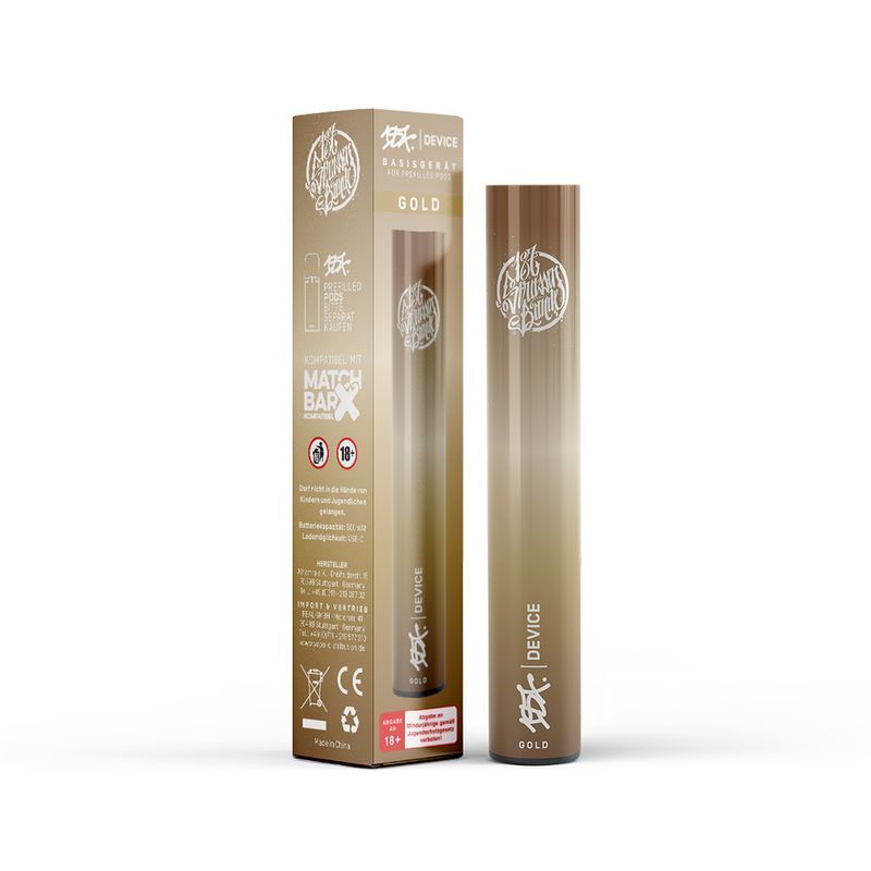 187 Strassenbande Prefilled Pod Kit Gold E-Zigaretten-Starterset 187 Strassenbande Gold, kompatibel mit Match Bar, in goldener Verpackung mit Logo und Warnhinweise.