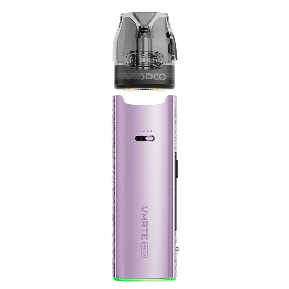 Voopoo Vmate Pro 2 Pod Kit - Lavender Lila Voopoo Vmate Pro 2 Pod Kit mit schwarzem Mundstück, seitlichem Display und grünem Lichtring am Boden