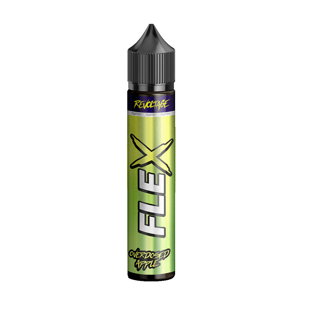 revoltage-flex-longfill-aroma-apple-7ml Revoltage Flex Longfill Aroma in einer grünen Flasche mit schwarzem Deckel und Aufschrift FLEX, Overdosed Apple.