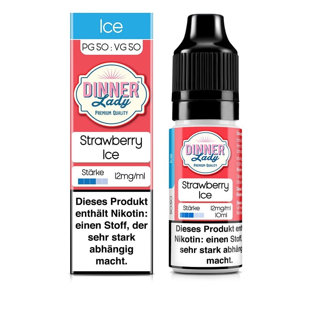 Liquid Strawberry Ice mit 12mg Nikotin von Dinner Lady Dinner Lady Liquid Strawberry Ice 12mg mit blauer Verpackung, Stärkenangabe 12mg/ml, Warnhinweis über Nikotingehalt.
