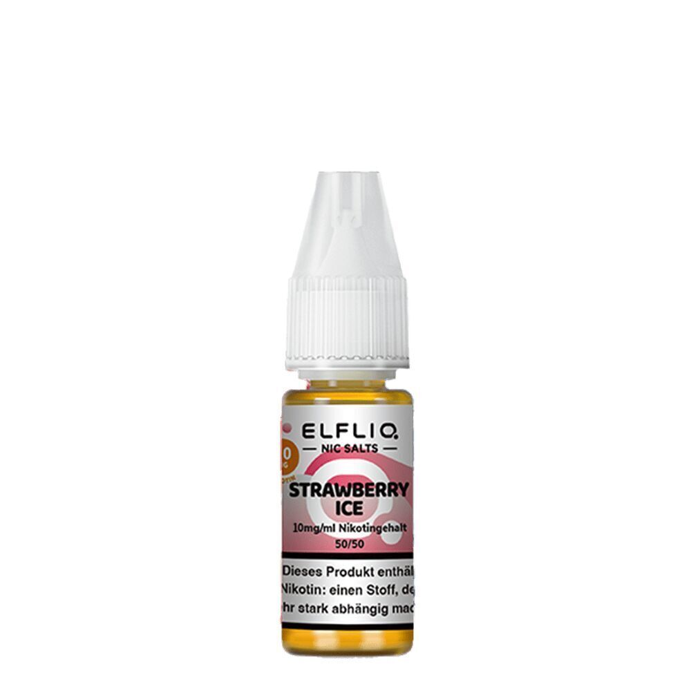 Elfliq Nikotinsalz - Strawberry Ice 10mg Elfliq Nikotinsalz Strawberry Ice 10mg E-Liquid-Flasche mit weißem Verschluss, orangefarbene Flüssigkeit und Etikett mit Warnhinweis