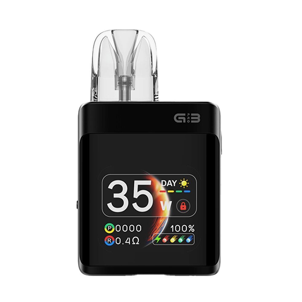 Uwell Caliburn G3 Pro Koko Pod Kit in der Farbe Midnight Black Uwell Caliburn G3 Pro Koko Pod Kit in Midnight Black mit transparentem Mundstück, zeigt Display mit Leistung, Widerstand und Akkustand.