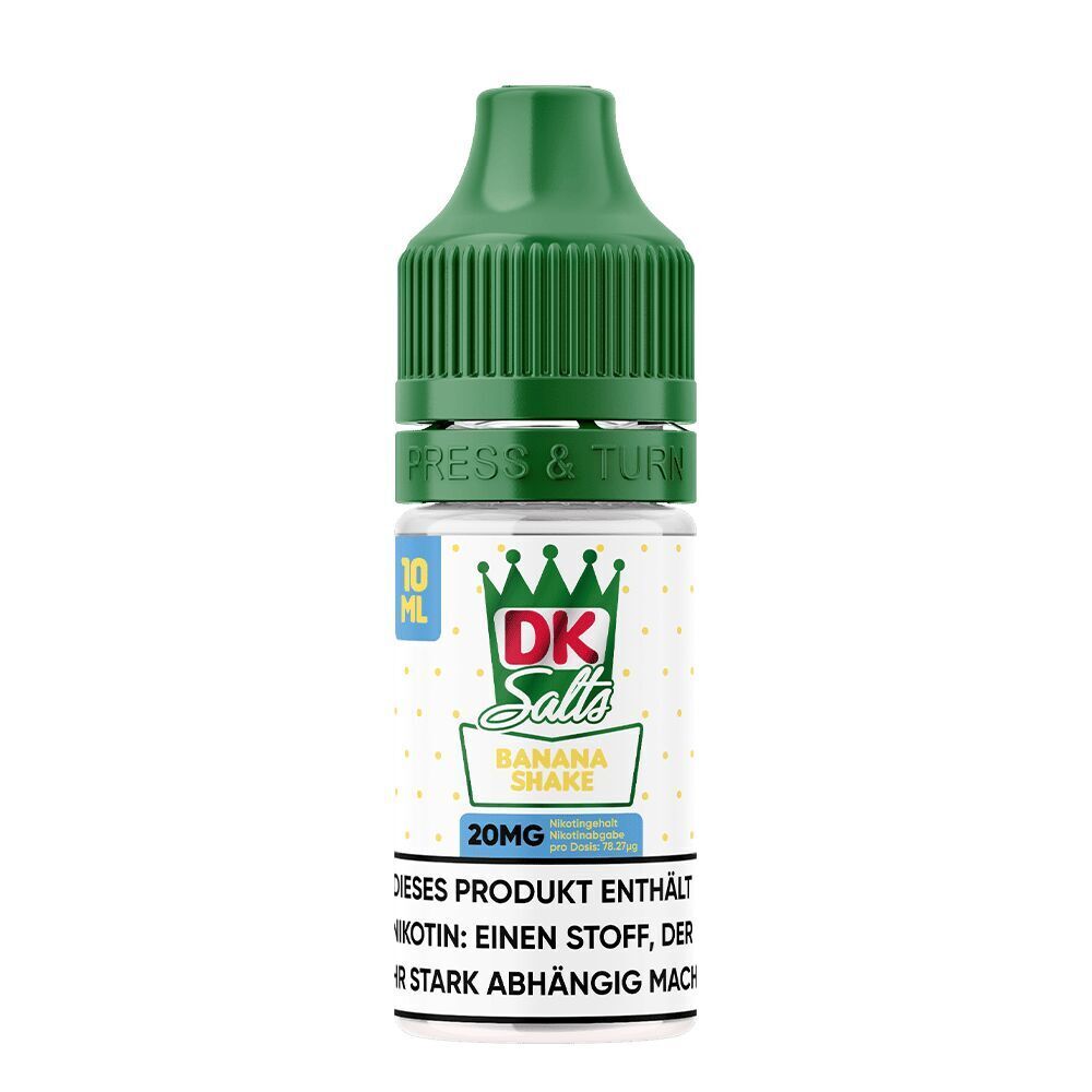 Liquid Banana Shake 20mg - DK Salts DK Salts Banana Shake 20mg Nikotinsalzflasche mit grünem Verschluss, 10ml, Warnhinweise und Logo auf dem Etikett.