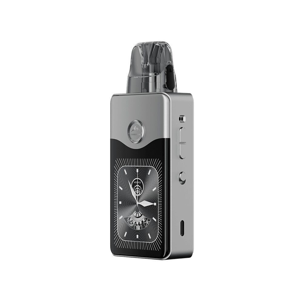 Voopoo Vinci E120 Pod Kit - Glow Silver Voopoo Vinci Pod Kit in Glow Silver mit Uhrendesign auf der Vorderseite, Rundknopf, seitliche Tasten und durchsichtigem Mundstück.