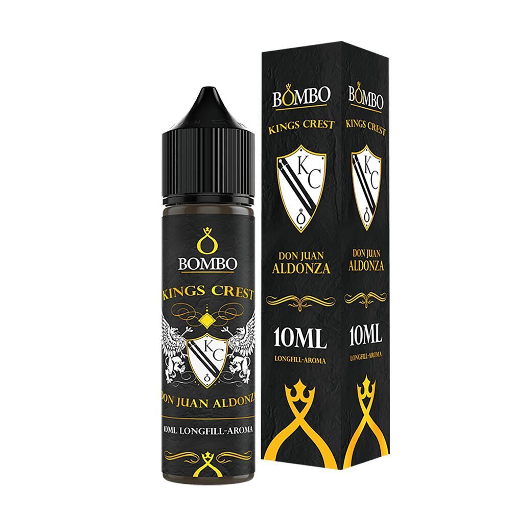 Kings Crest Aroma - Don Juan Aldonza Kings Crest Aroma Don Juan Aldonza, 10 ml Flasche und Verpackung mit schwarzem Design, goldenen und weißen Details, Bombo-Logo.