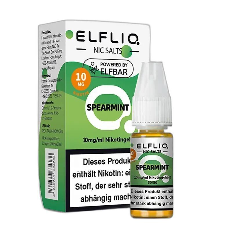 Elfliq Nikotinsalz - Spearmint 20mg Elfliq Nikotinsalz-Flasche und Verpackung, Spearmint-Geschmack, 10mg Nikotingehalt, Labels mit Warnhinweisen, grüne Farbakzente