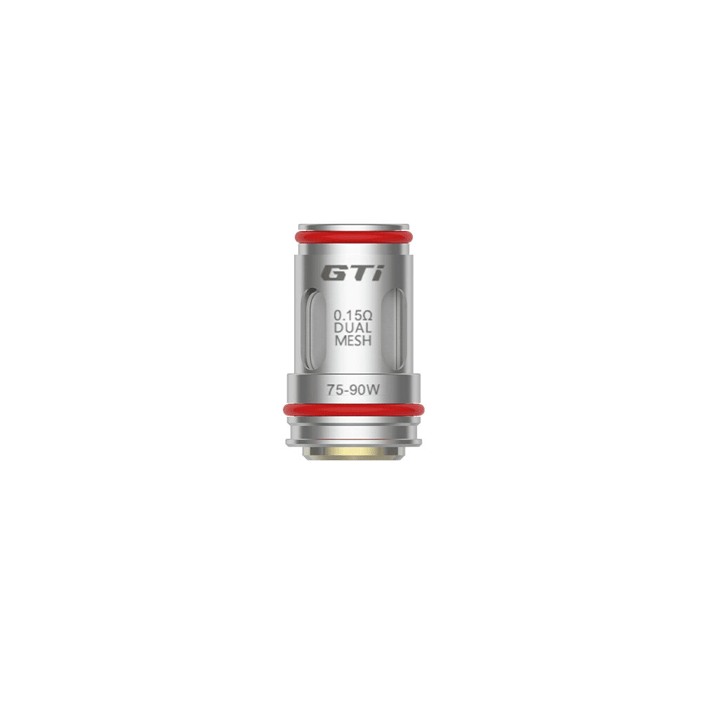 GTi Dual Mesh Coil mit 0,15 Ohm und Leistungsbereich von 75-90W, silberfarben mit roten Akzenten.