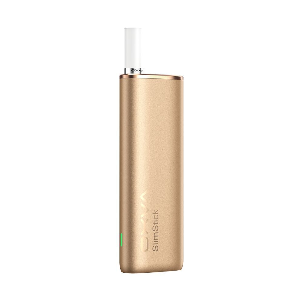 Oxva Slimstick Akku - Gold Goldfarbener Oxva Slimstick Akku mit einem weißen Mundstück, seitlich grüner Indikator und Logo-Aufschrift "Oxva SlimStick".