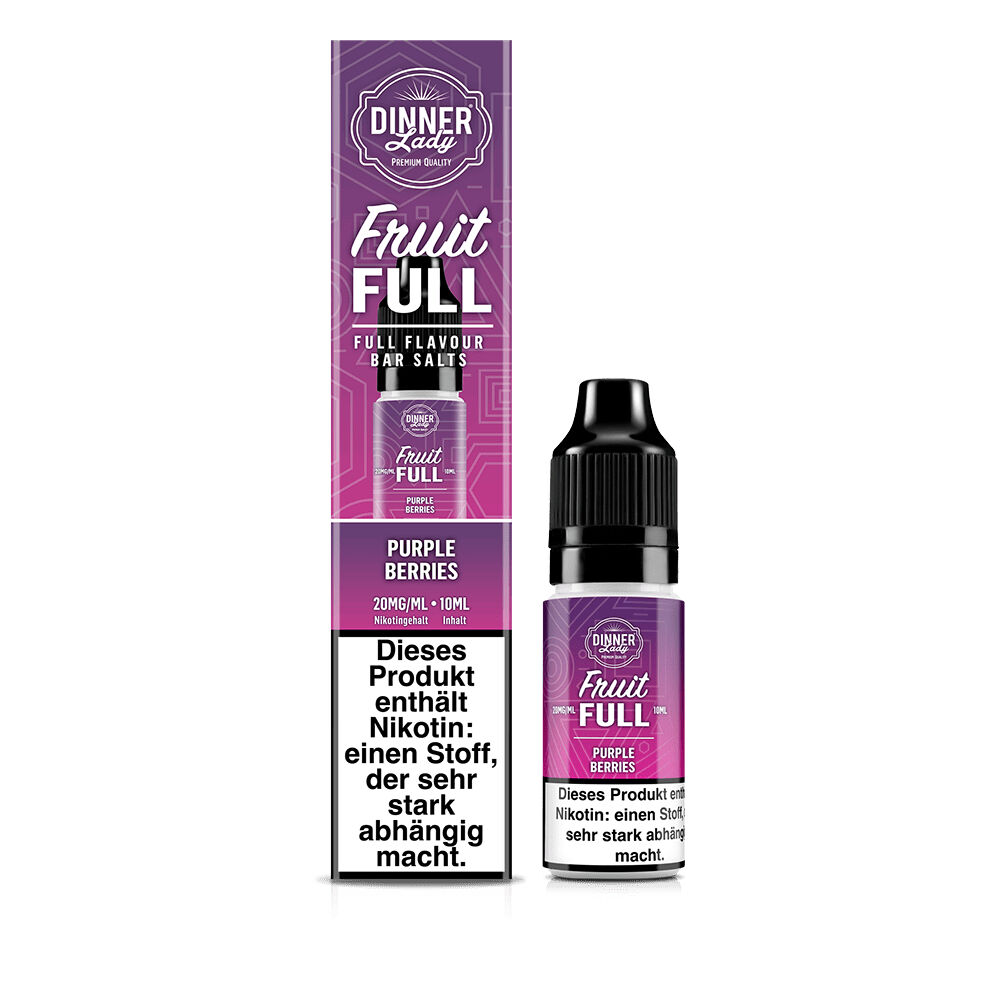 Dinner Lady Fruit Full Nikotinsalz - Purple Berries Dinner Lady Fruit Full Nikotinsalz Purple Berries 20mg Flasche und Verpackung mit Warnhinweis über Nikotinabhängigkeit.