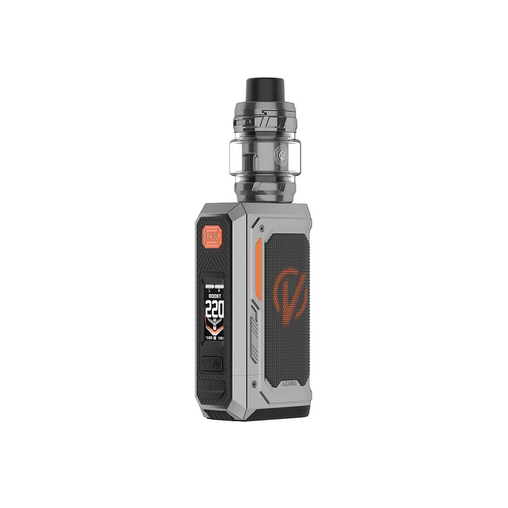 Vaporesso Armour Octa Pod Kit Vaporesso Armour Octa Kit in Titanium Grey mit digitalem Display, orangen Akzenten und einem großen Tank.