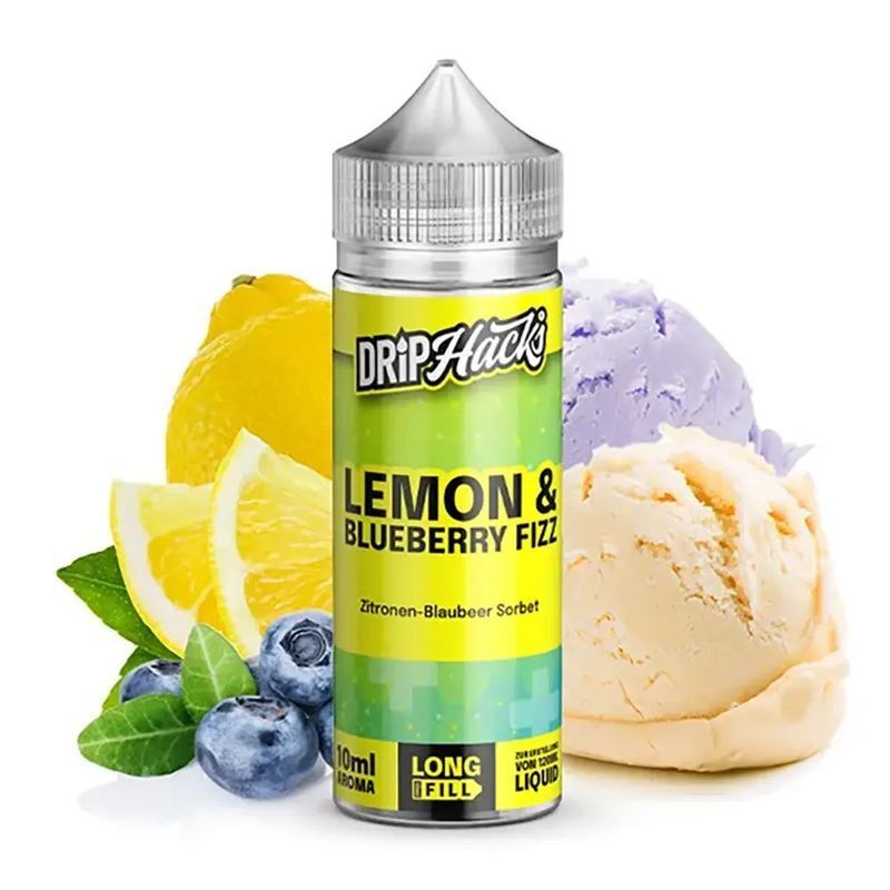 Aroma Lemon & Blueberry Fizz von Drip Hacks Drip Hacks Aroma Lemon & Blueberry Fizz Flasche vor Zitronen, Blaubeeren und Eiscreme, etikettiert mit Zitronen-Blaubeer Sorbet