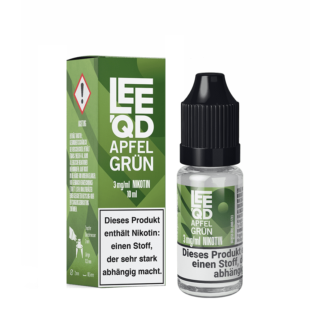 Liquid Fruit Apfel grün 3mg - Leeqd Leeqd Liquid Apfel grün 3mg Flasche und Verpackung mit Warnhinweis über Nikotininhalt, grünes Design mit weißem Text.