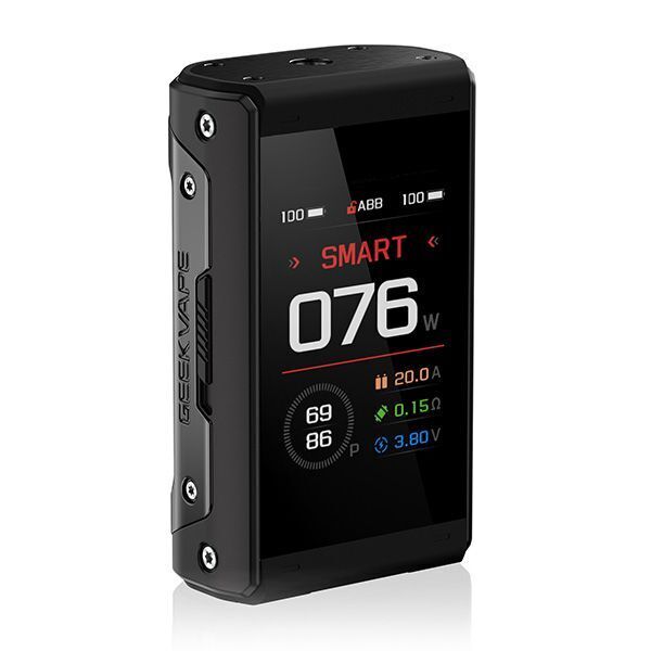 Geekvape Aegis Touch T200 Akkuträger Der Geekvape Aegis Touch T200 Akkuträger mit schwarzem Gehäuse, Display zeigt 076 W, Smart-Modus, Statusanzeigen sichtbar.