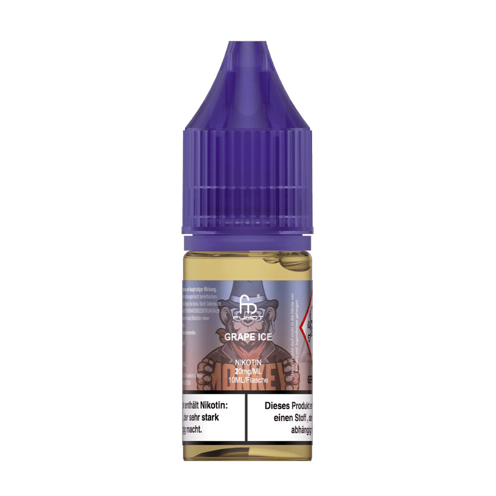 RNM104 RandM Tornado Nikotinsalz Liquid, Grape Ice 10mg, in einer kleinen Flasche mit violetter Kappe und Etikett mit Grafiken und Warnhinweisen