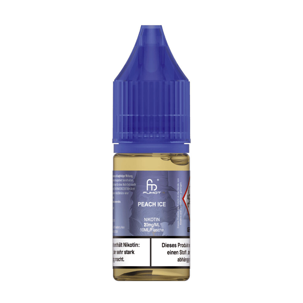 RNM101 RandM Tornado Nikotinsalz Liquid Peach Ice in einer blauen 10 ml Flasche, mit 20 mg/ml Nikotin und gedruckten Warnhinweisen auf dem Etikett.