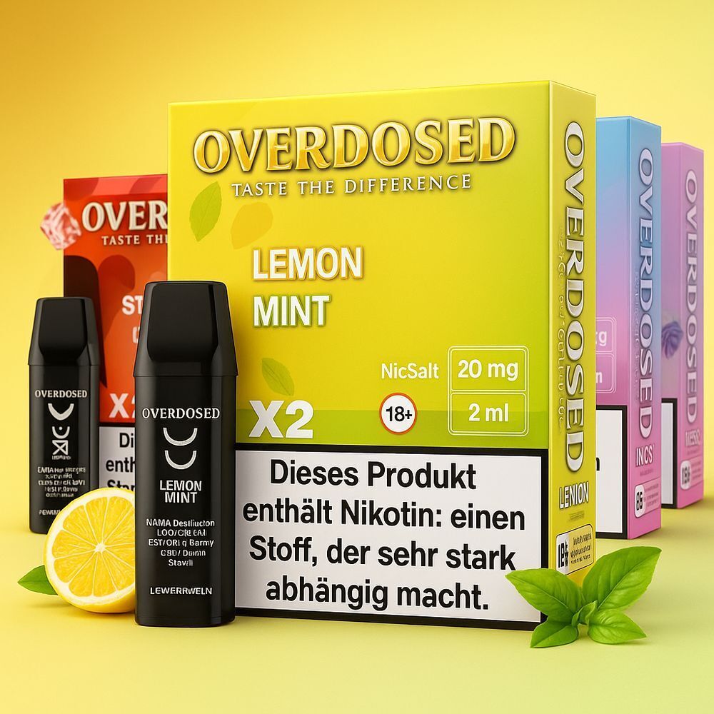 Overdosed Pods - alle Sorten - mit Nikotin Overdosed Pods Lemon Mint, 20mg Nikotinsalz, mit Zitronenabbildung und Nikotinwarnung auf einer gelben Verpackung vor buntem Hintergrund