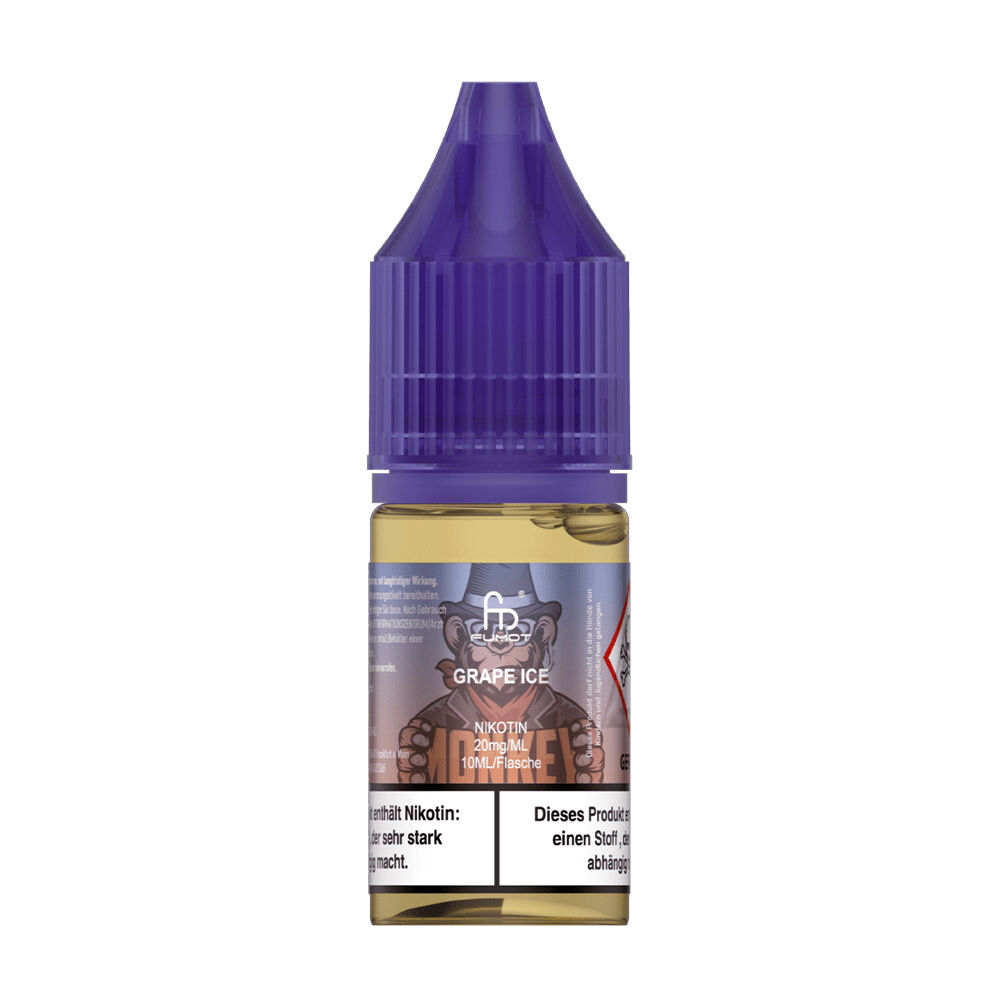 RandM Tornado Nikotinsalz Liquid RandM Tornado Nikotinsalz Liquid Grape Ice Flasche mit blauem Deckel, Aufschrift "NIKOTIN 20mg/ML", Grafik eines Bären mit Hut.
