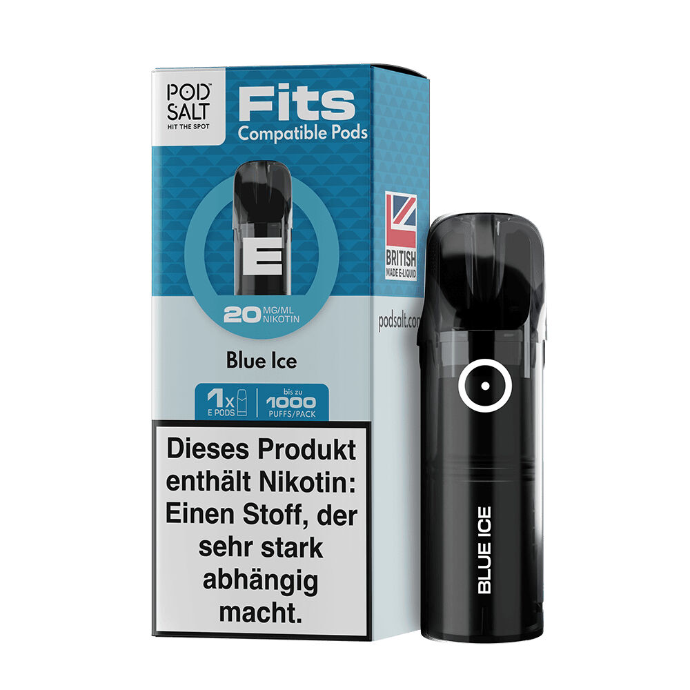 Pod Salt Fits Pods - Blue Ice 20mg Pod Salt Fits Pods Blue Ice 20mg Verpackung und schwarzer Pod, Hinweis auf Nikotingehalt und britische Herstellung
