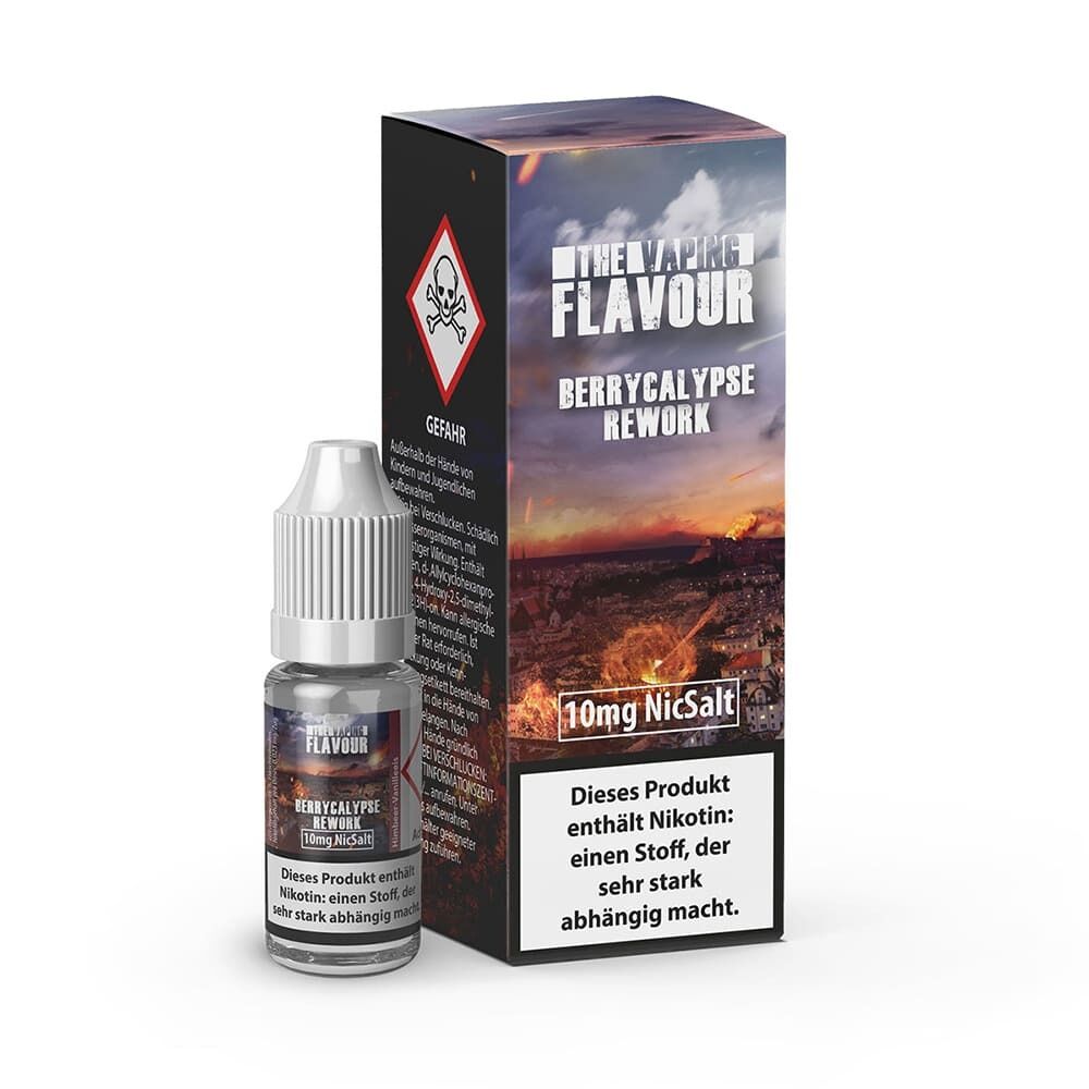 Liquid Berrycalypse 10mg - The Vaping Flavour Flasche und Verpackung von The Vaping Flavour Berrycalypse 10mg Nikotinsalz, mit Warnhinweisen und bergähnlichem Hintergrundmotiv.