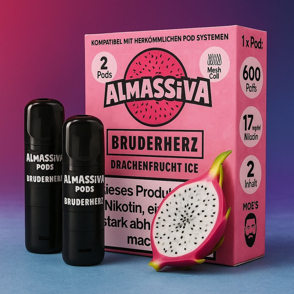 Al Massiva Pods - alle Sorten - mit Nikotin Zwei schwarze Al Massiva Pods und eine Packung "Bruderherz Drachenfrucht Ice" mit halber Drachenfrucht, 600 Puffs, 17 mg/ml Nikotin.