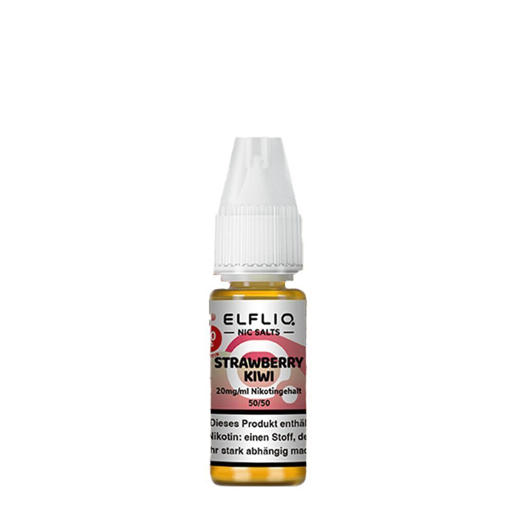 Elfliq Nikotinsalz - Strawberry Kiwi 20mg Flasche Elfliq Nikotinsalz mit der Sorte Strawberry Kiwi, 20mg/ml Nikotingehalt und gestreiftem Verschluss vor weißem Hintergrund.