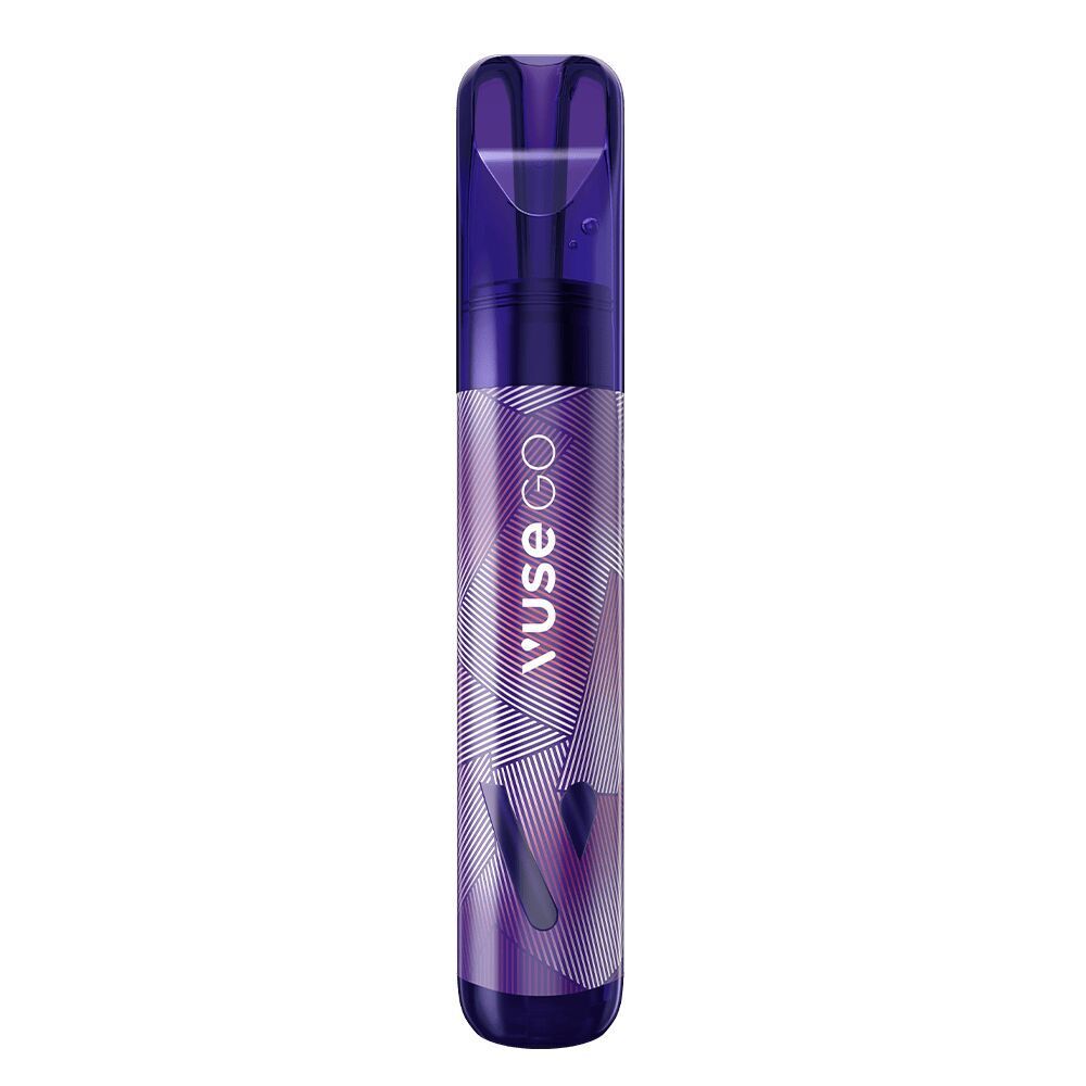 Grape Ice 20mg - Vuse GO 1000 Einweg Lila Vuse GO 1000 Grape Ice Vape Pen mit geometrischem Muster und sichtbarem Branding auf weißem Hintergrund