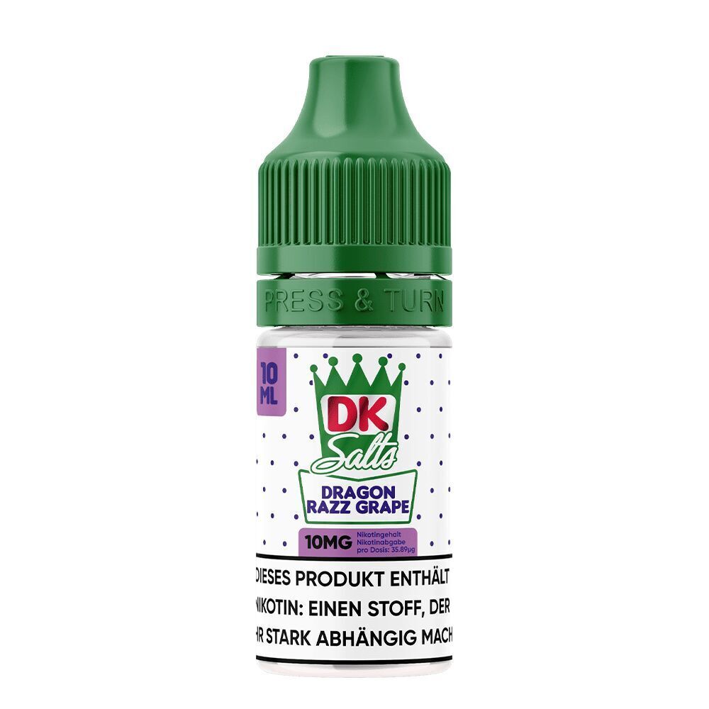 Liquid Dragon Razz Grape 10mg - DK Salts DK Salts 10ml Flasche E-Liquid mit grünem Verschluss, Aufschrift: Dragon Razz Grape 10mg, enthält Nikotinwarnung am Flaschenboden.