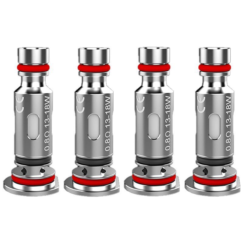 Uwell Caliburn G Coils 0,8 Ohm Vier silberne Verdampferköpfe von Uwell mit roten Dichtungen und der Aufschrift "0,8 Ohm 13-18W".