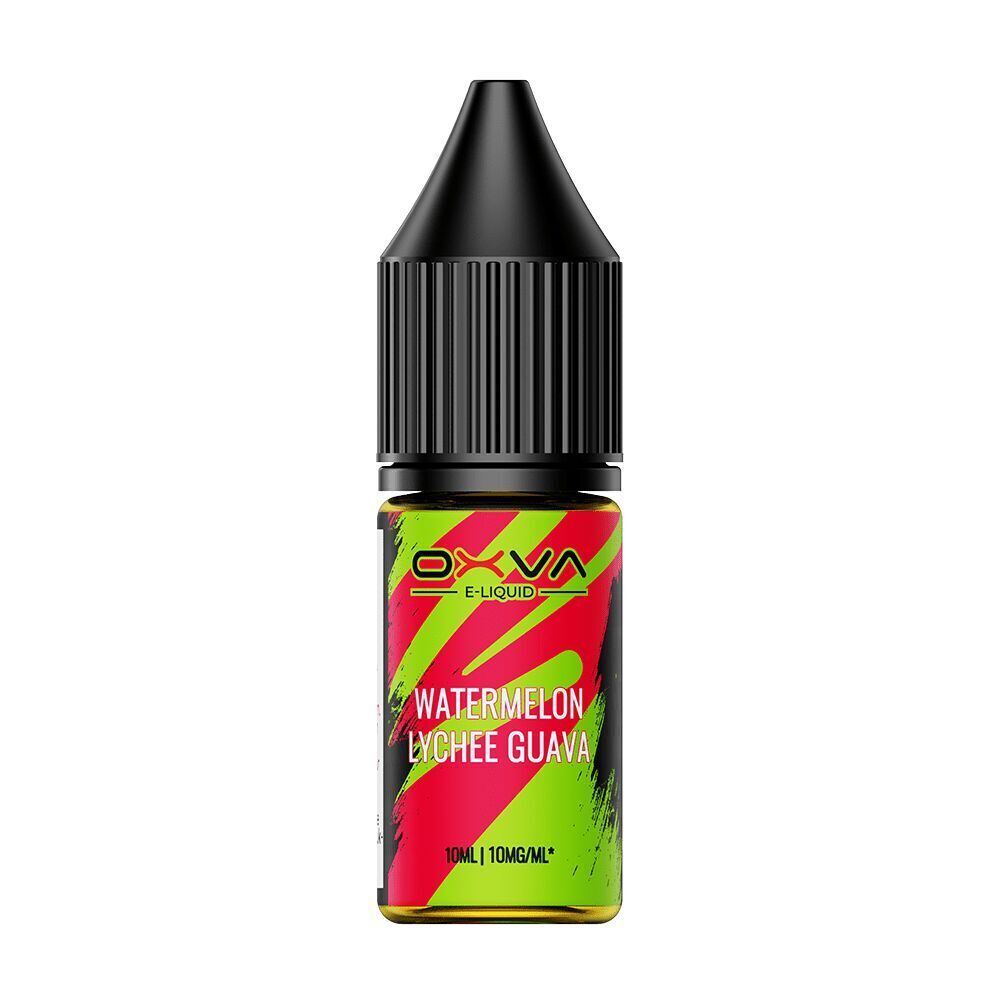 Oxva Nikotinsalz-Flasche mit dem Aufdruck "Watermelon Lychee Guava", bunte grüne und rote Gestaltung, 10ml, 10mg/ml